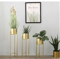 Modern Metal Floor Flower Stands With Planter Pot (Gold) Set of 3 - Free Size, Gold, Metal, Indoor/ Out Door, Pack of 3, Circular